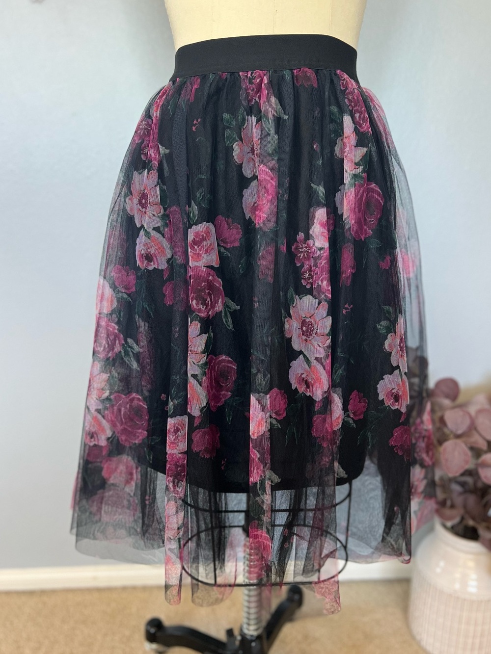 Haute Monde Black Tulle Midi Skirt with Pink Floral Overlay